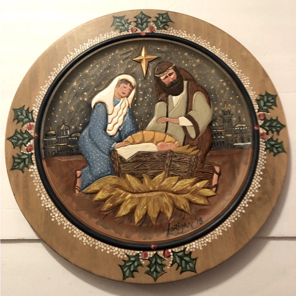 Artisan hand carved and painted wood plate